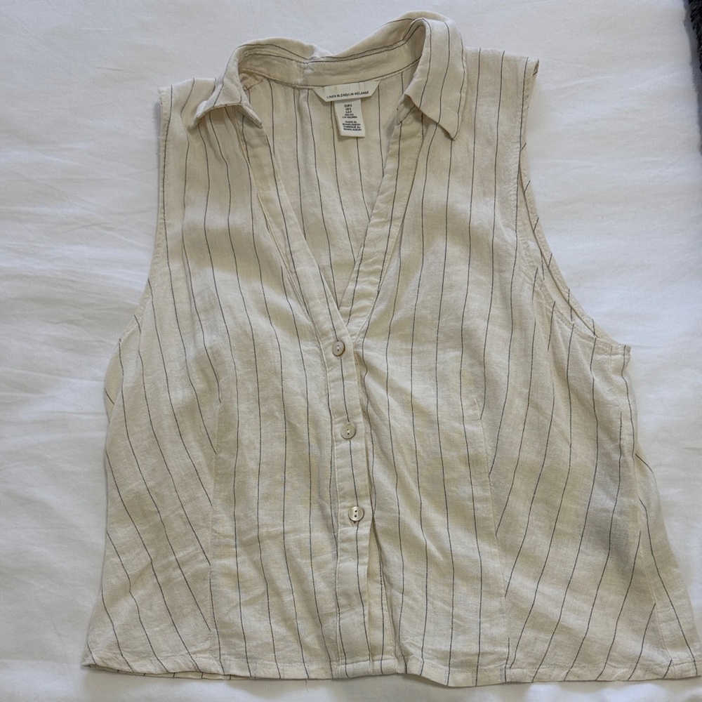 H&M Striped Beige Sleeveless Linen Blend Top - Small